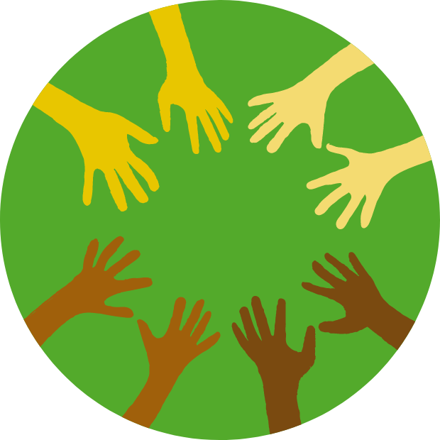 Icon with graphic of eight hands reaching inwards to make a circle