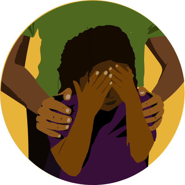 Icon with graphic of a young girl covering her face as someone holds her shoulders behind her