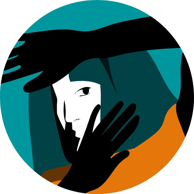 Icon with graphic of a girl covering her head and face as if to protect herself