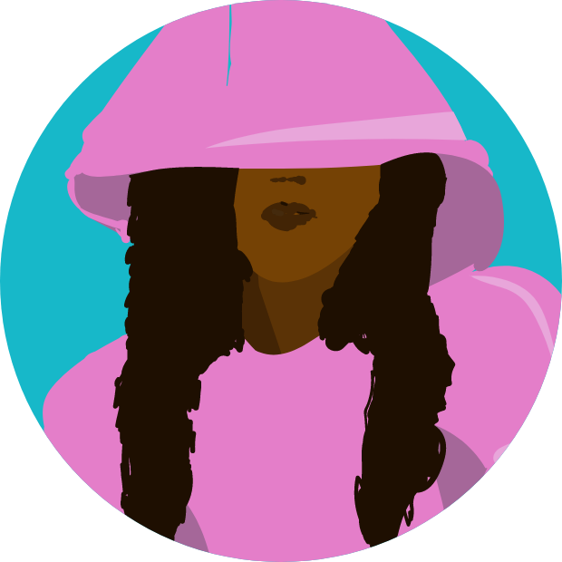 Icon with graphic of a black girl in a pink outfit, her eyes covered by a hood