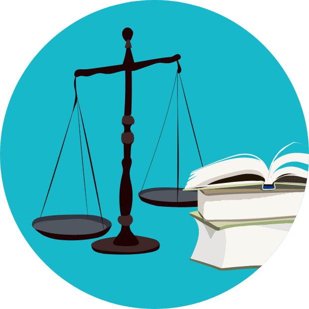 Icon with graphic of the scales of justice next to some textbooks