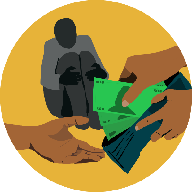 Icon with graphic of a person sitting with their legs tucked in as money is exchanged in the foreground