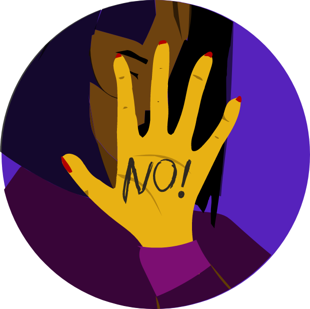 Icon with graphic of a girl with her hand up and NO! written on her palm