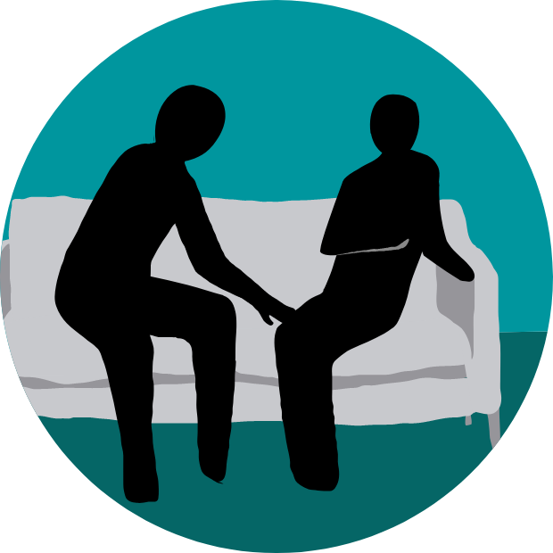 Icon with graphic of two figures on a couch; one leaning into the other as the other leans away