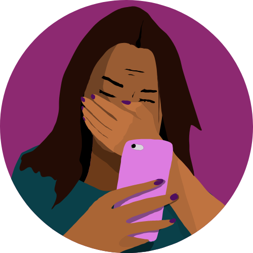 Icon with graphic of girl looking at cellphone while covering her mouth with her hand