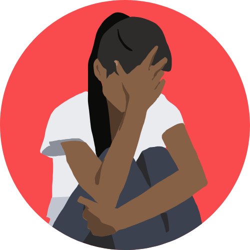 Icon showing graphic of a girl sitting with her legs tucked in and holder her head